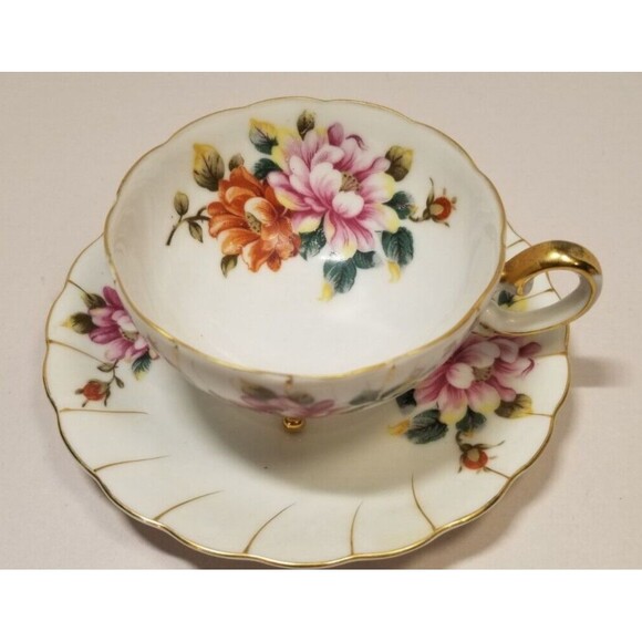 Ucagco China Footed Tea Cup & Saucer Pink Mums and Gold Trim Vintage Japan - Picture 3 of 7